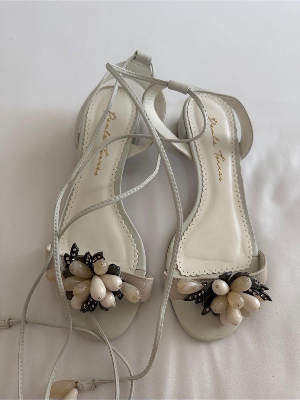 Paula Torres Beaded Ivory Leather Lace-Up Sandals